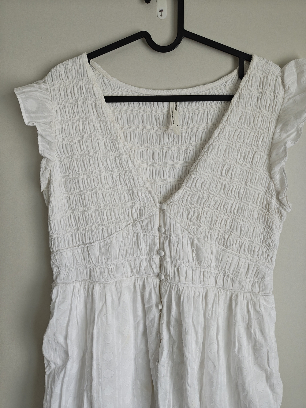Anthropologie White V-Neck Button-Front Midi Dress with Flutter Sleeves As Is - Picture 3 of 15